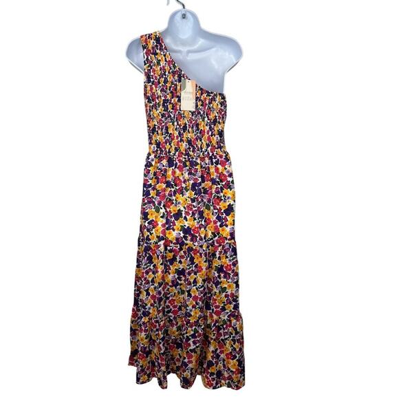 Floral One-Shoulder Maxi Dress Smocked Bodice Asymmetrical Neckline Multicolor M - Picture 3 of 7